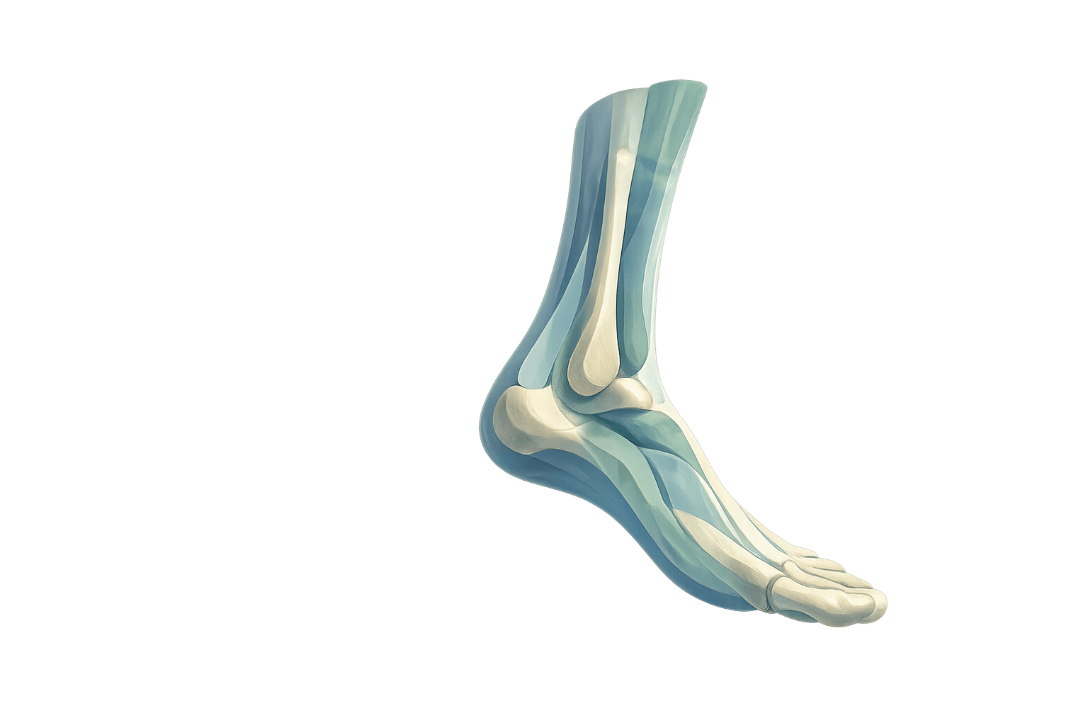 Anatomical foot and ankle illustration showing musculoskeletal structures